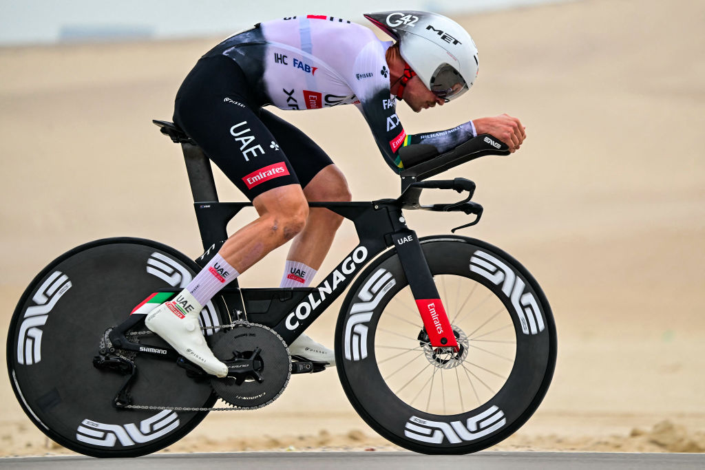 UAE Team Emirates team's Australian rider Jay Vine cycles during the second stage of the UAE Tour cycling race in al-Hudayriyat island in Abu Dhabi on February 18, 2025. (Photo by Giuseppe CACACE / AFP)