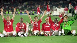 1999 Champions League final Manchester United vs Bayern Munich celebrate on the Camp Nou pitch Clive Tyldesley