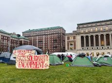 "Gaza Solidarity Encampment" demonstration is held on South Lawn of Columbia University campus with more than 100 students who were demanding that Columbia divest from corporations with ties to Israel in New York