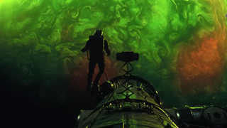 an astronaut floats above a swirling green planet