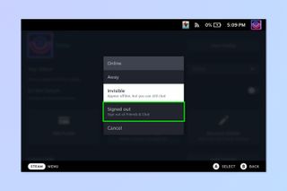A screenshot showing how to appear offline on the Steam Deck