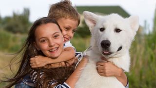 Pure white malamute with 2 kids