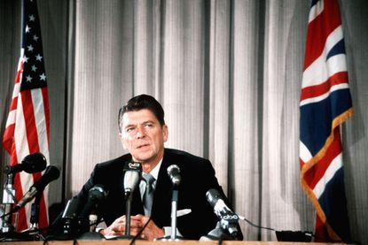 American President Ronald Reagan during a press conference.
