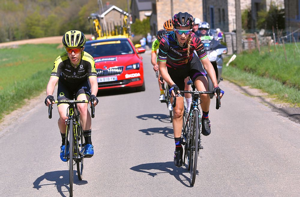 auline Ferrand-Pr&eacute;vot of France and Team Canyon SRAM Racing / Amanda Spratt of Australia and Team Mitchelton-Scott at Fleche Wallonne in the breakaway