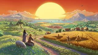 Catan box art with a large sun setting over a medieval scene