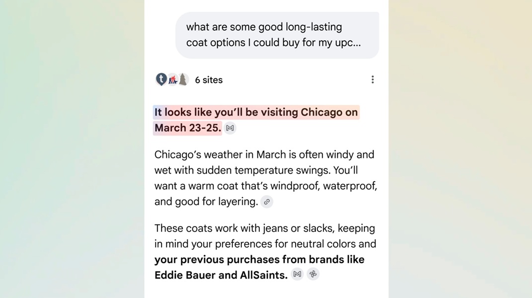Personal Intelligence in AI Mode can dive into your Gmail for flight information and old purchases to help you discover clothing options for a trip.