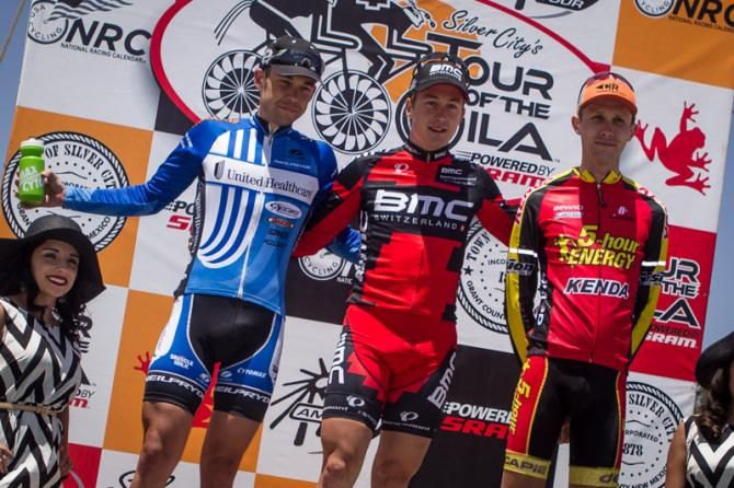 The three breakaway riders stayed to remain the top three on the podium (L-R): Jonny Clarke, Arnaud Grand and Max Jenkins