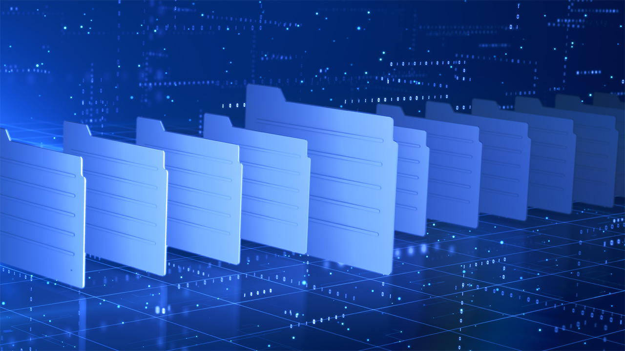 Digital file folders in a futuristic cyber environment represent data storage
