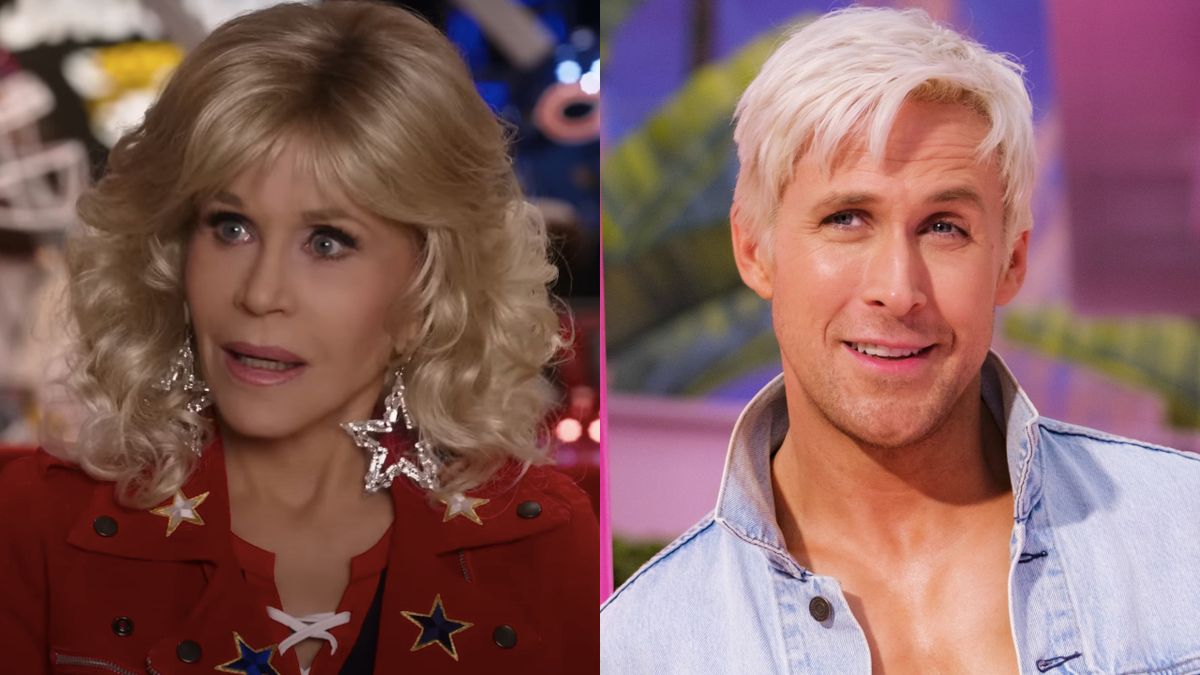 Jane Fonda glammed up in 80 For Brady and Ryan Gosling dressed as Ken in Barbie, pictured side by side.