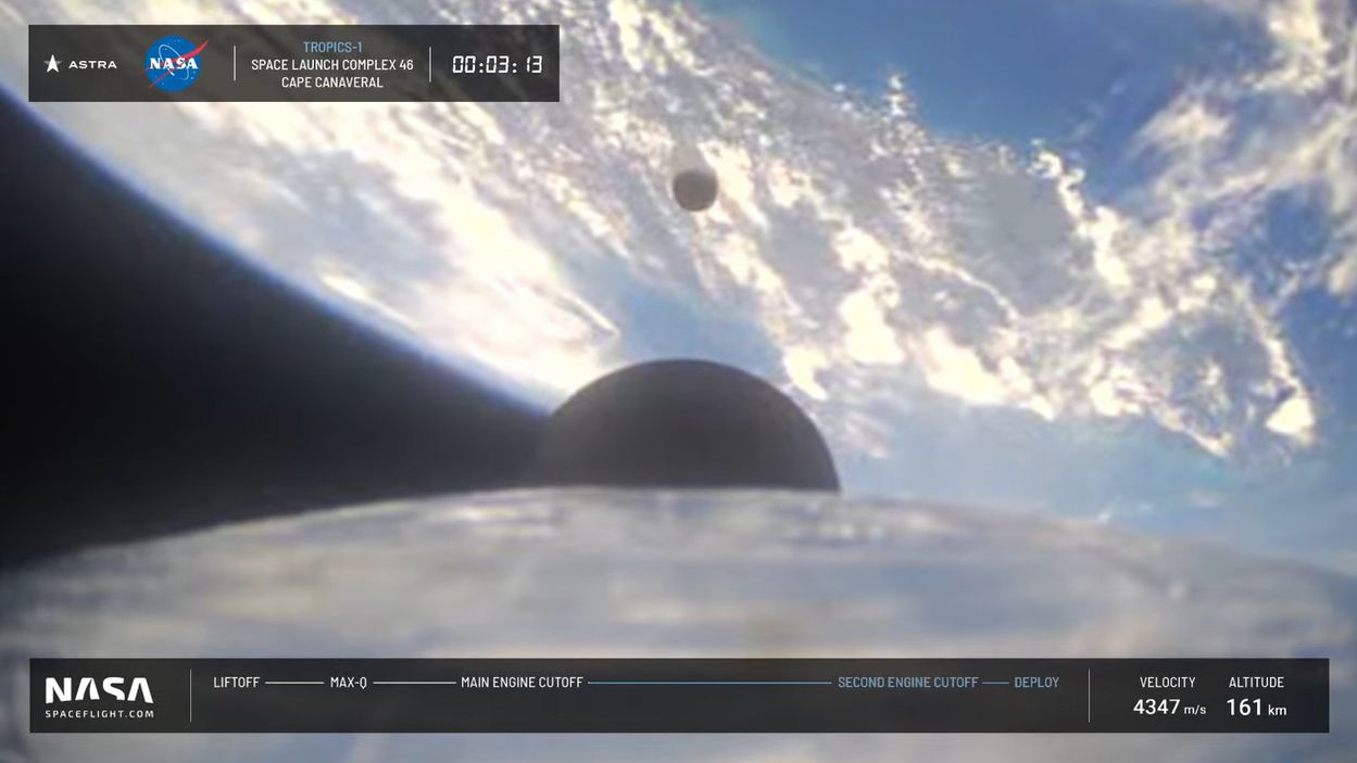 Stage separation of the Astra LV0010 rocket with the Earth below.