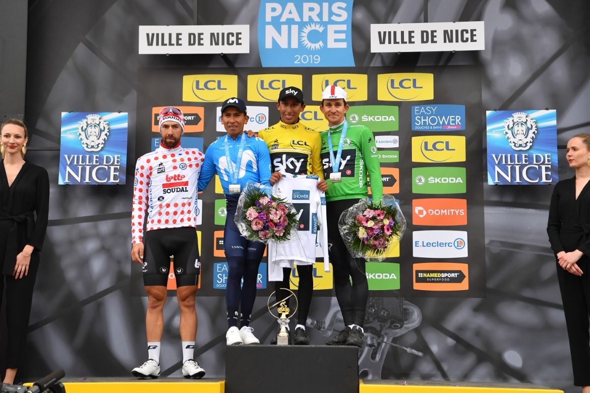 The final podium plus polka dot jersey winner Thomas De Gendt