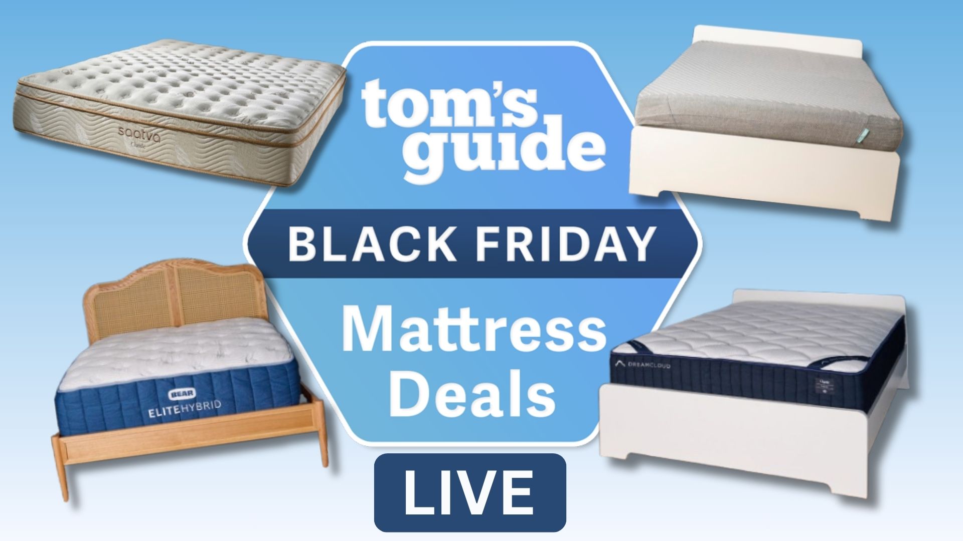 A composite images of mattresses with a &quot;Black Friday mattress deals&quot; live hub badge.