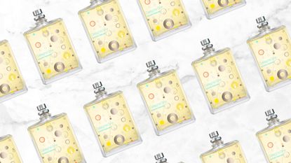 A collage featuring products shots of the Escentric Molecules Cologne One fragrance, arranged in a repeated, diagonal line pattern on a white and grey marbled background