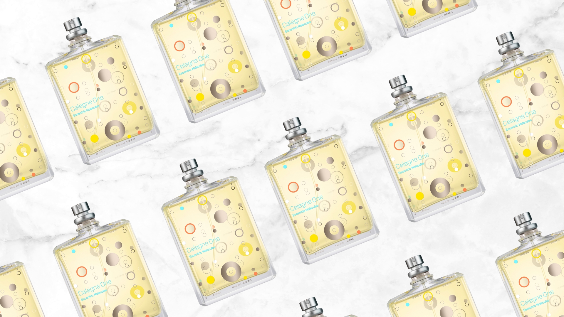 A collage featuring products shots of the Escentric Molecules Cologne One fragrance, arranged in a repeated, diagonal line pattern on a white and grey marbled background