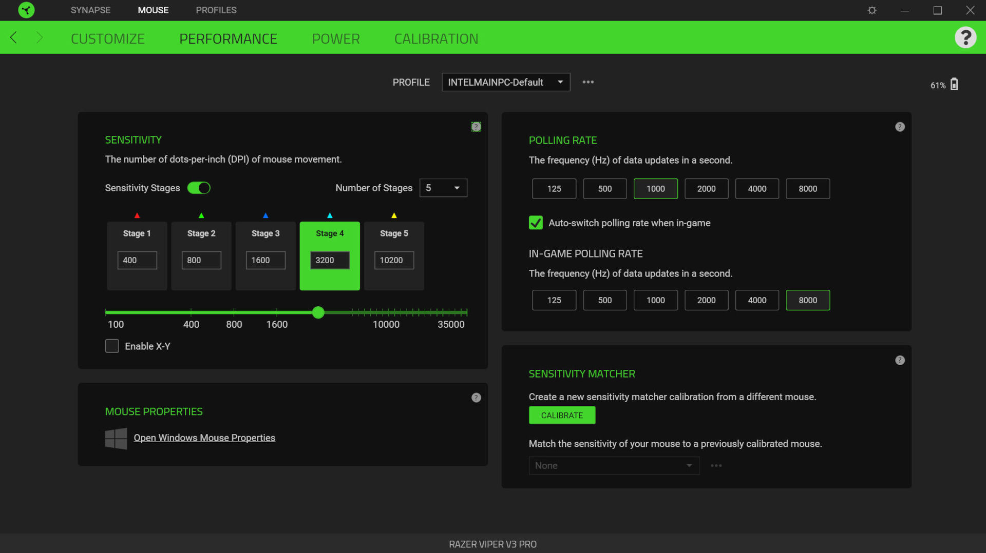 Screenshot of Razer's Synapse software, showing the performance tab for a Viper V3 Pro gaming mouse