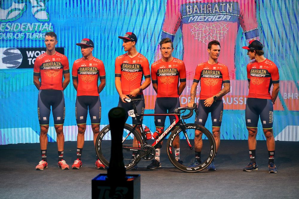 Bahrain-Merida on the Turkey team presentation stage