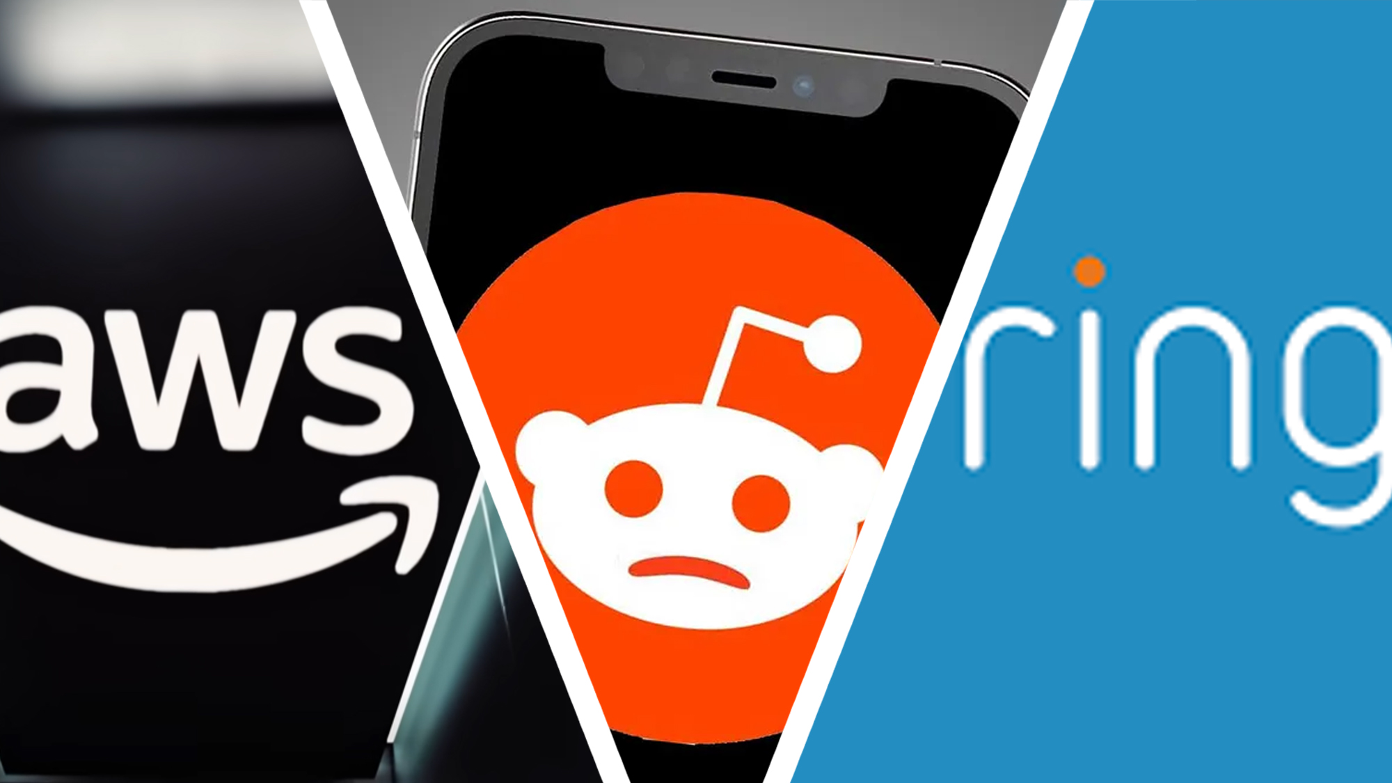 The logos of AWS, Reddit and Ring doorbells