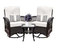 A pair of dark brown wicker outdoor swivel rocking chairs
