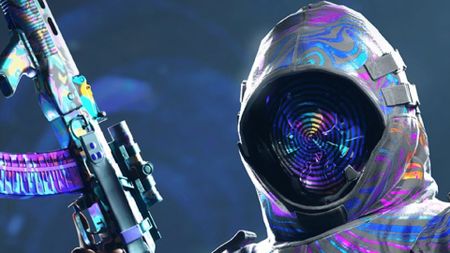 Close up of new CoD skin in support of LA wildfire relief, with a hooded figure wearing a mask that looks like a fingerprint and holding a firearm, all with a matte grey texture overlaid with a psychedelic, metallic swirl camo pattern.