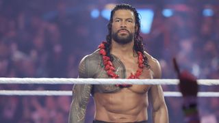 Roman Reigns looks on before his Triple Threat match against CM Punk and Seth Rollins during WrestleMania 41 at Allegiant Stadium on April 19, 2025 in Las Vegas, Nevada.