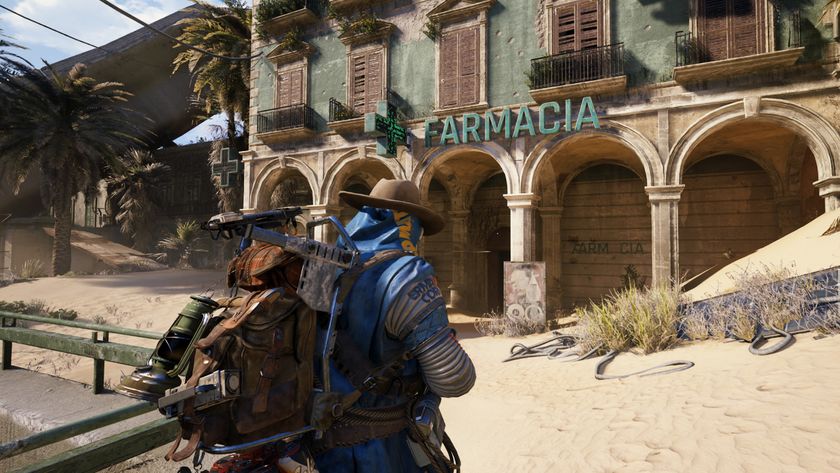 Arc Raiders Life of a Pharmacist: A raider wearing a blue poncho and a cowboy hat standing outside a pharmacist in the sandy Buried City during the day.