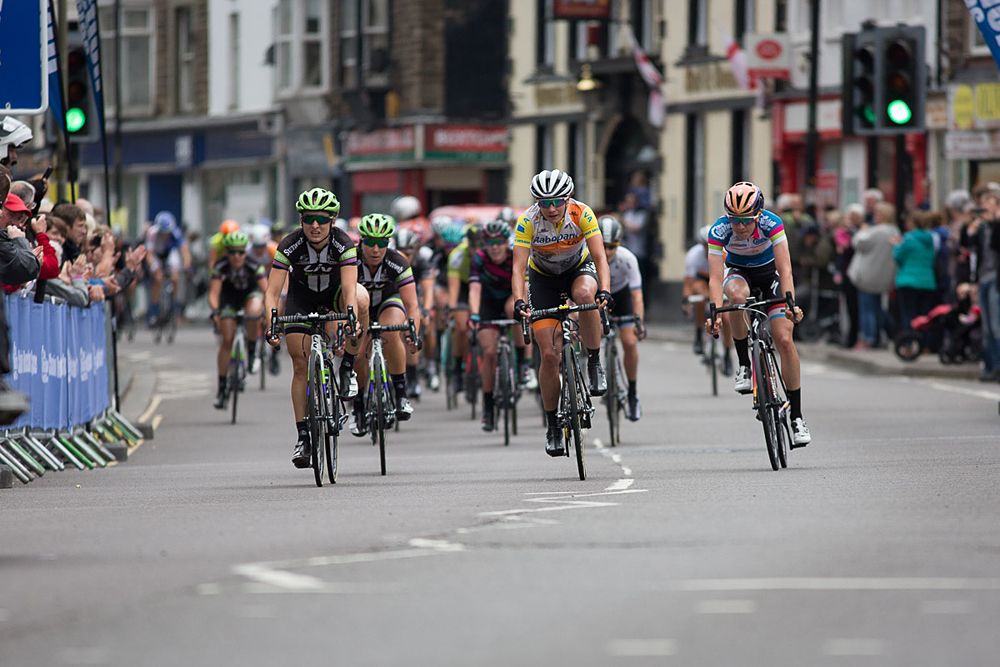 Marianne Vos (NED) of Rabo-Liv Cycling Team (middle) won the first sprint, followed by Leah Kirchman (CAN) of Liv-Plantur Cycling Team (left) and Christine Majerus (LUX) of Boels-Dolmans Cycling Team (right) during the Aviva Women's Tour 2016 - Stage 3