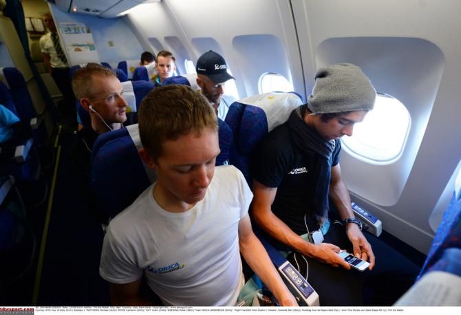 Cam Meyer and Michael Matthews settle in for the flight to Bari