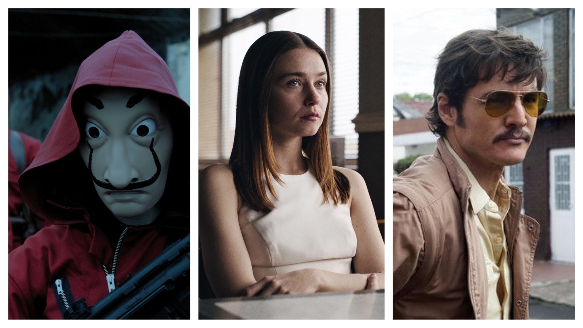 Three images sliced together from three different shows, left to right: Money Heist, The End of the F***ing World and Narcos 