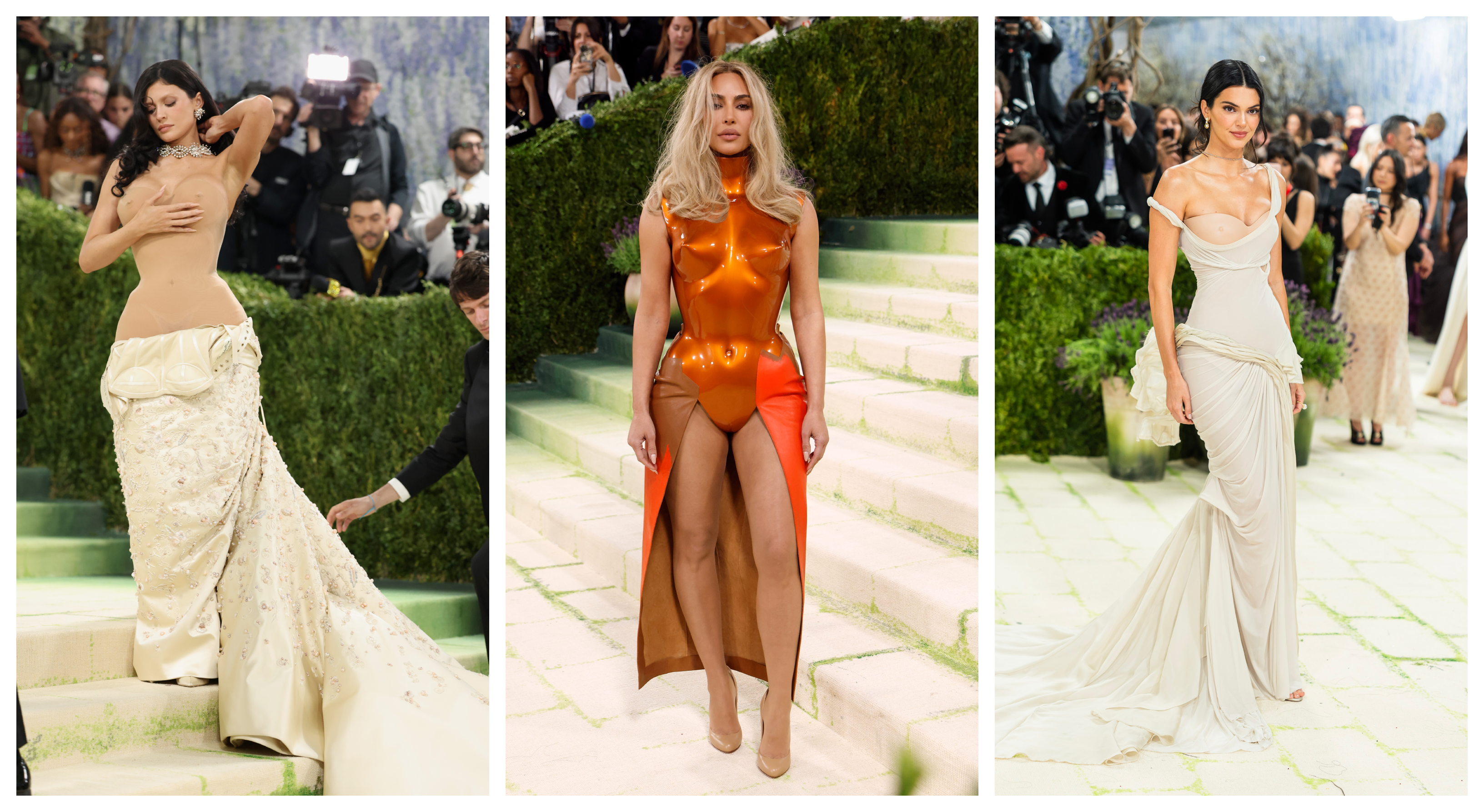 Kylie Jenner, Kim Kardashian, and Kendall Jenner wearing the new naked dress trend at the 2026 Met Gala
