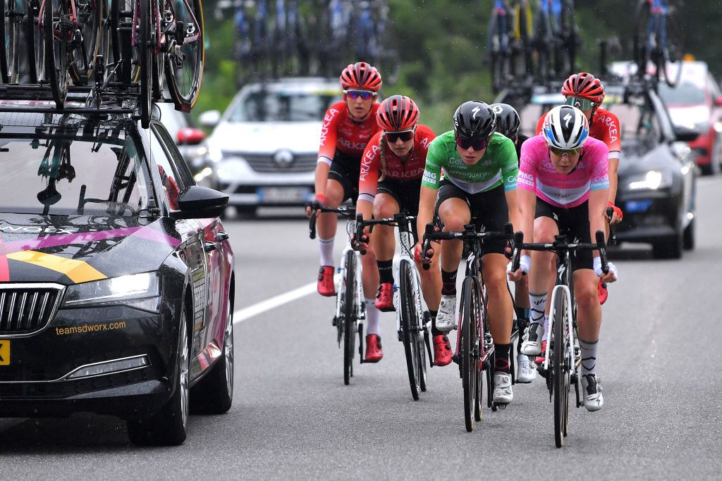 OVADA ITALY JULY 04 La Curinier of France and Arkea Pro Cycling Team Demi Vollering of Netherlands and Team SD Worx Green Mountain Jersey Anna Van Der Breggen of Netherlands and Team SD Worx Pink Leader Jersey in breakaway during the 32nd Giro dItalia Internazionale Femminile 2021 Stage 3 a 135km stage from Casale Monferrato to Ovada GiroDonne UCIWWT on July 04 2021 in Ovada Italy Photo by Luc ClaessenGetty Images