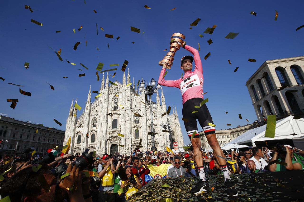 Tom Dumoulin celebrates his Giro d'Italia overall title in Milan.