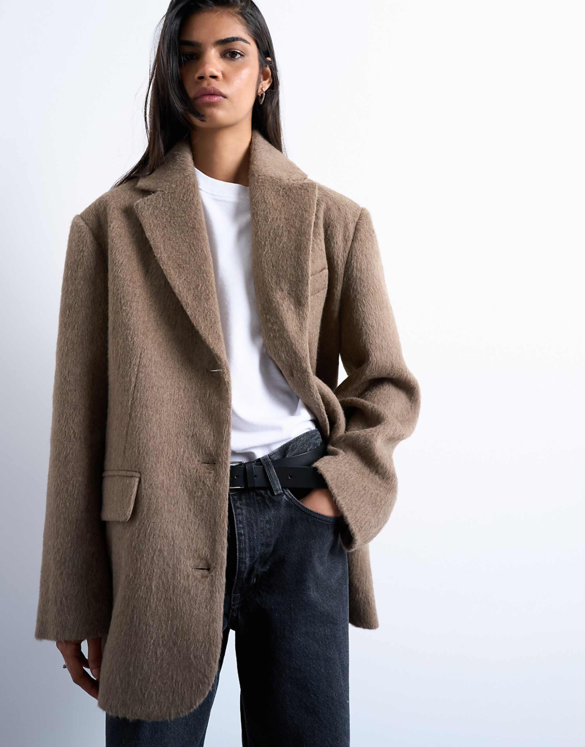 Topshop Brushed Three Button Blazer Coat in Camel