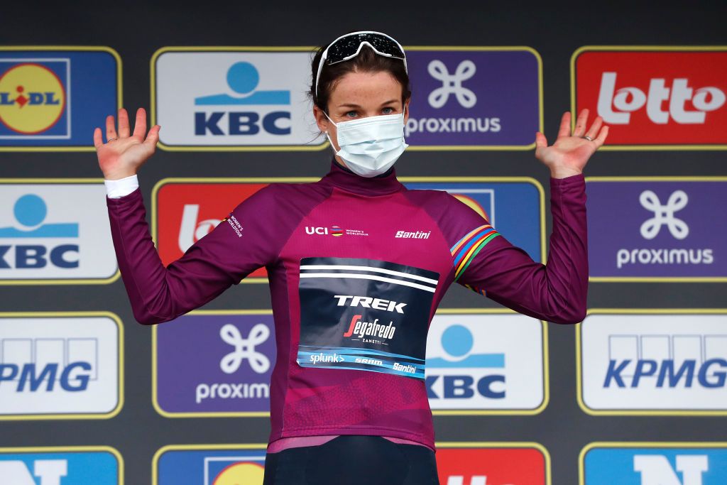 OUDENAARDE BELGIUM OCTOBER 18 Podium Elisabeth DeignanArmitstead of The United Kingdom and Team Trek Segafredo UCI Yellow Leader Jersey Celebration Mask Covid safety measures during the 17th Tour of Flanders 2020 Ronde van Vlaanderen Women Elite a 1356km stage from Oudenaarde to Oudenaarde RVV20 FlandersClassic on October 18 2020 in Oudenaarde Belgium Photo by Bas CzerwinskiGetty Images