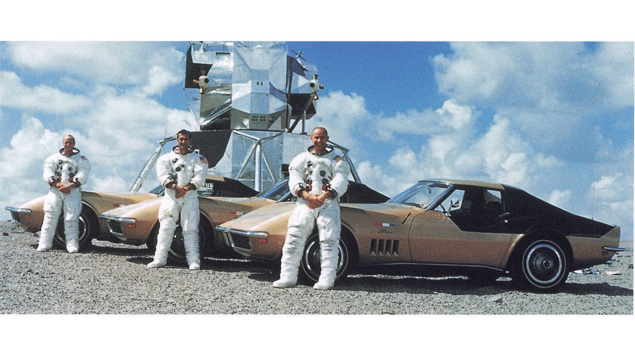 Apollo 12 astronauts Pete Conrad (left), Richard Gordon (center) and Alan Bean with their AstroVette Corvettes and a lunar lander in a crew portrait from 1969.