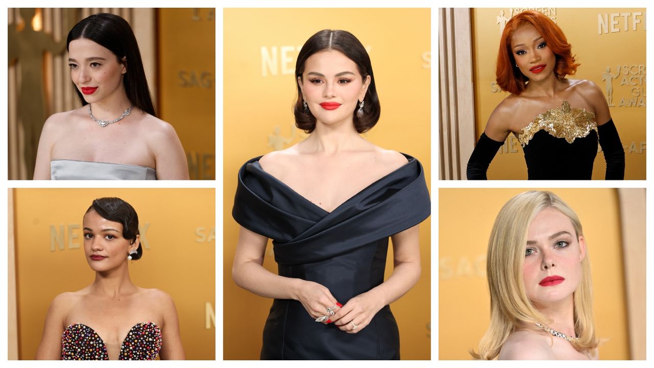 five actresses wearing red lipstick at the 2025 sag awards in a grid pattern