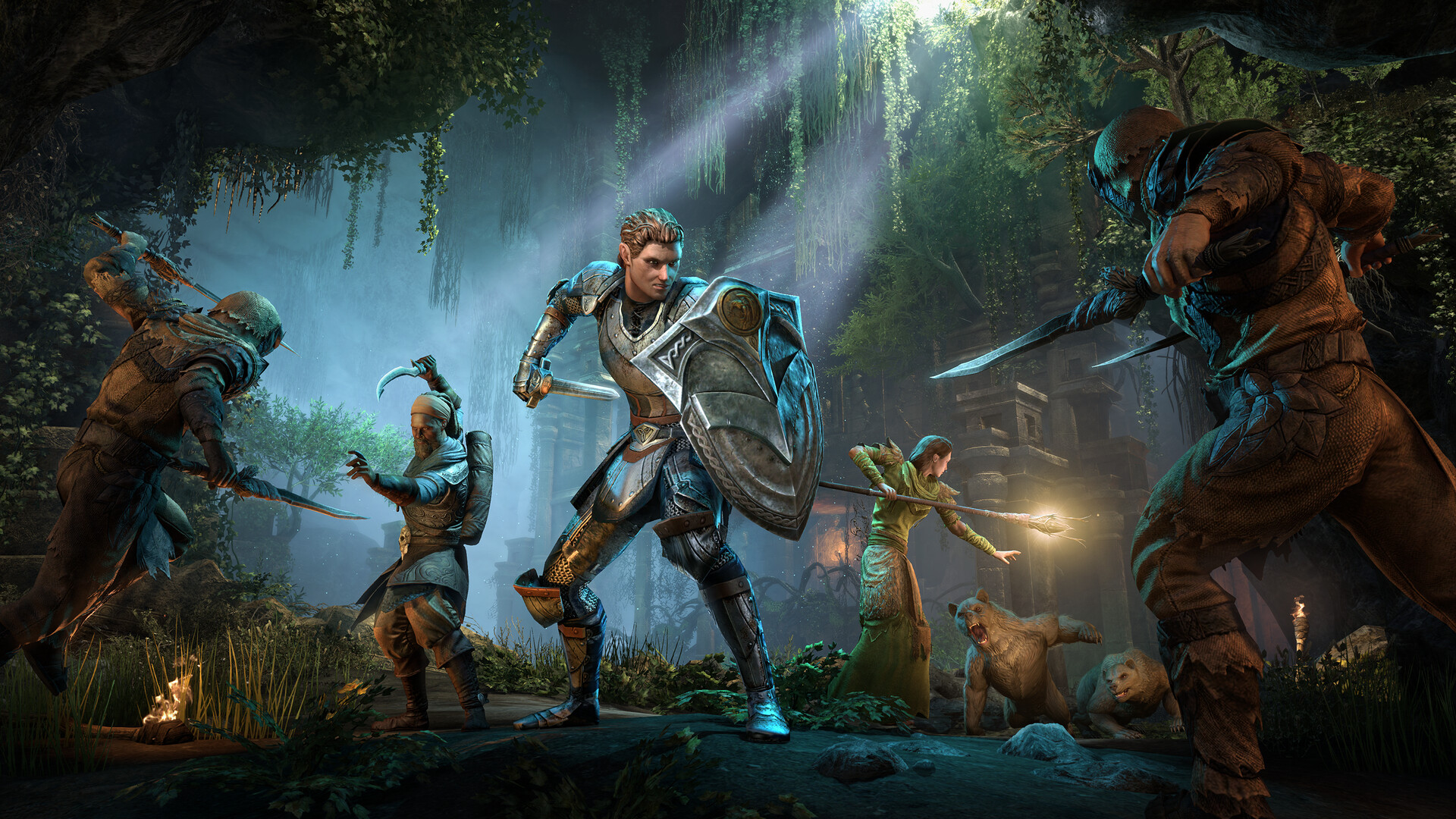 Three players fighting an three foes each, showing off different fight styles during one of the best games like World of Warcraft, The Elder Scrolls Online