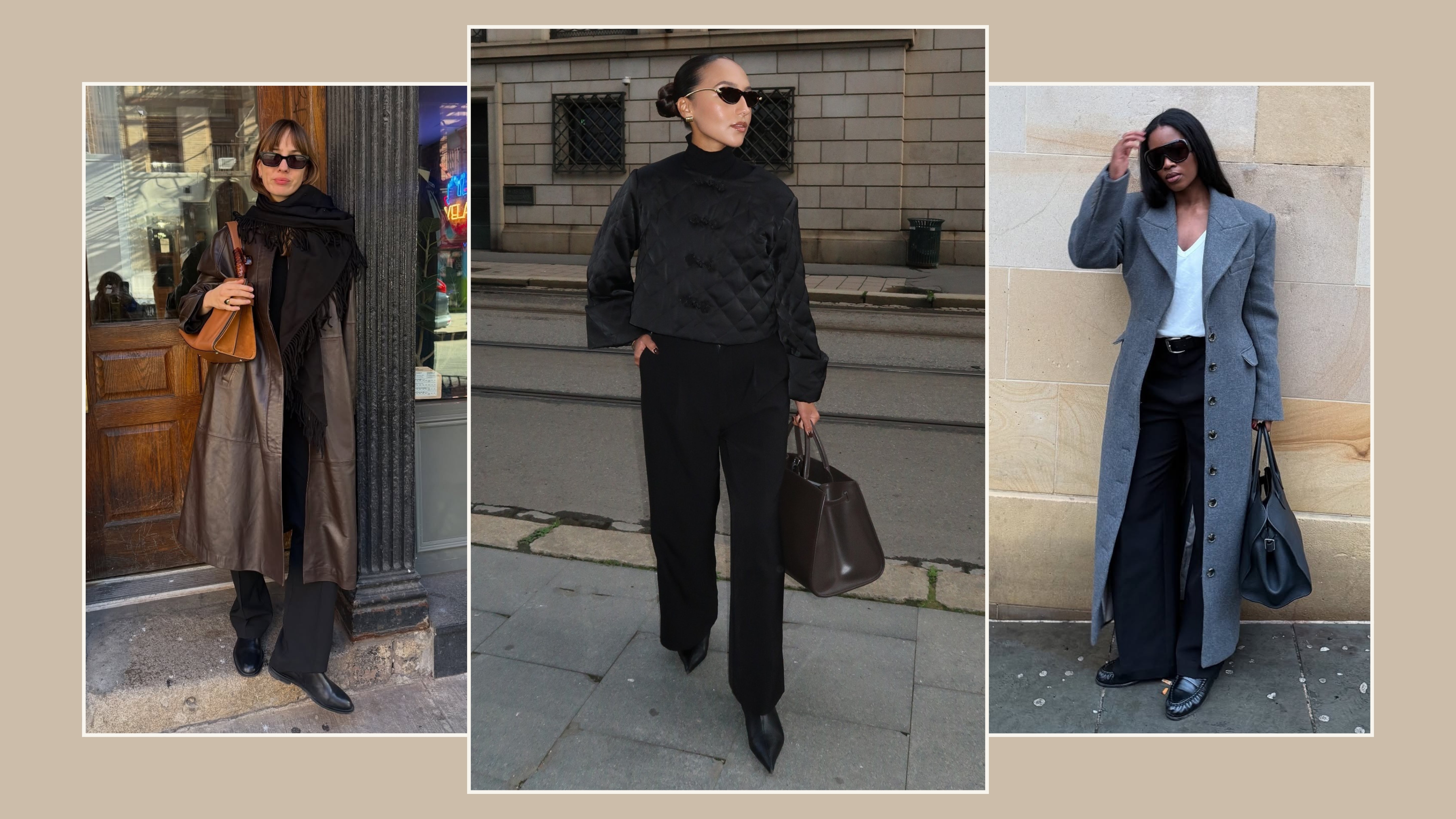 A collage of outfits of influencers wearing black trouser outfits for spring 2026.