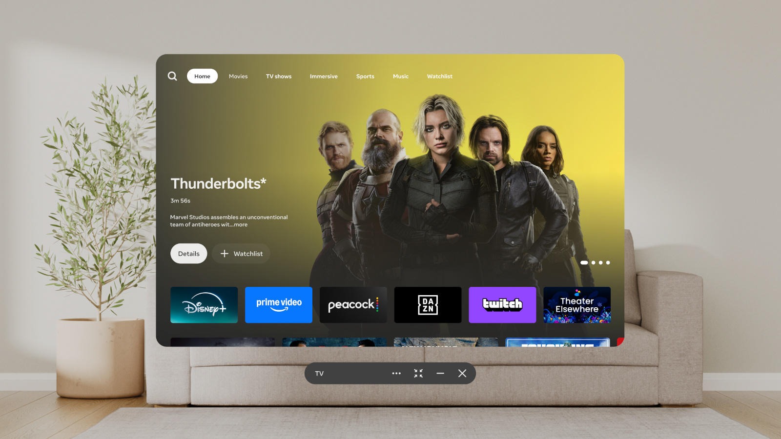 An image showing the Meta Horizon TV home screen floating in a neutrally decorated living room