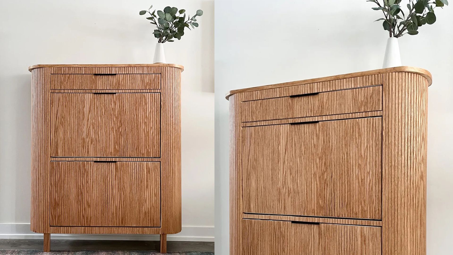 Dark wood fluted freestanding unit with drawers to show a stylish IKEA Shoe storage hack