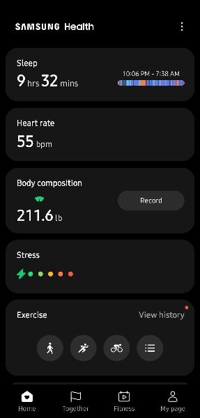 Samsung Health home page