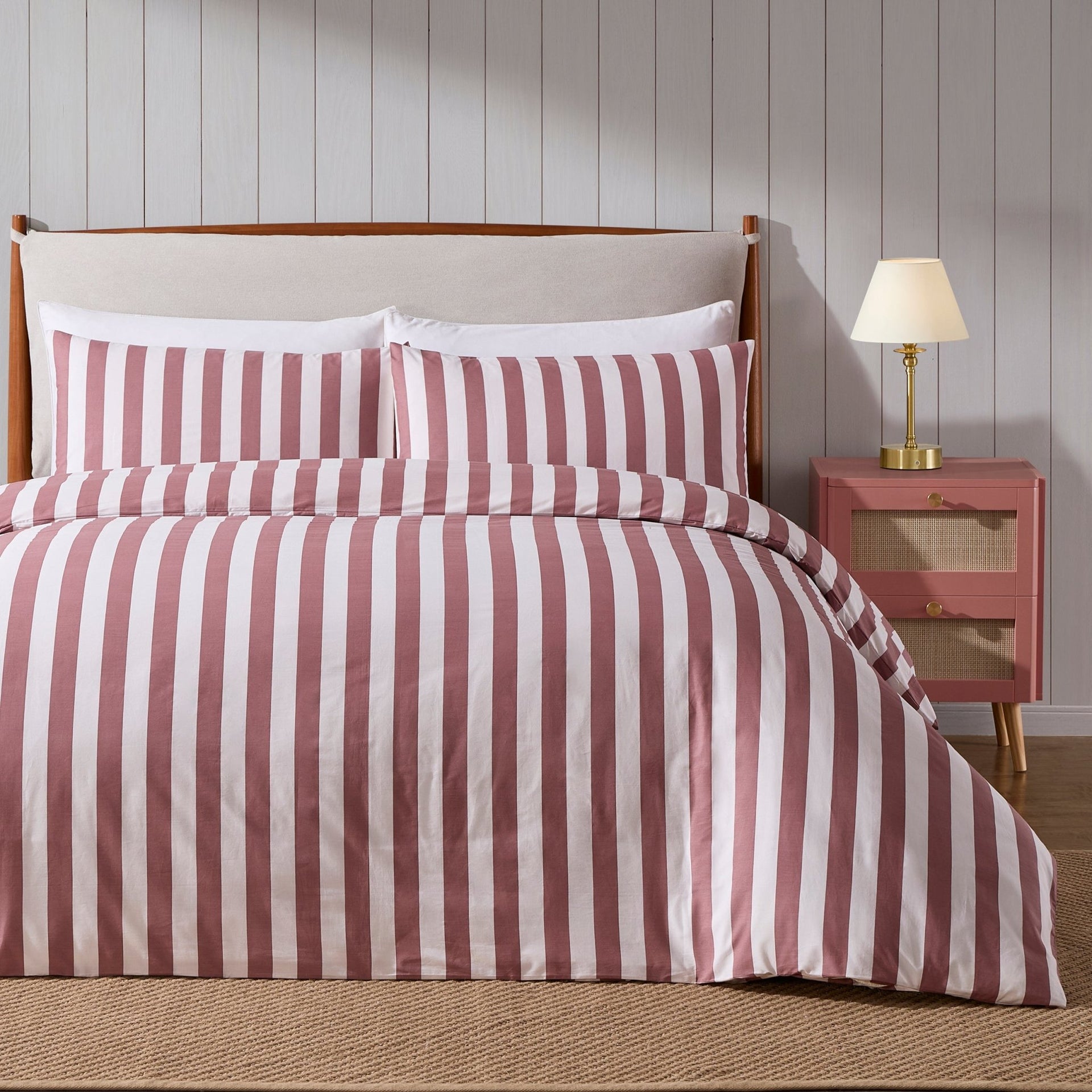 Livia 100% Cotton Wide Printed Stripe Duvet Cover & Pillowcase Set - Berry