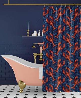 Blue lobster motif Rockport Riches Shower Curtain with pastel pink and gold bath by Catherine Rowe