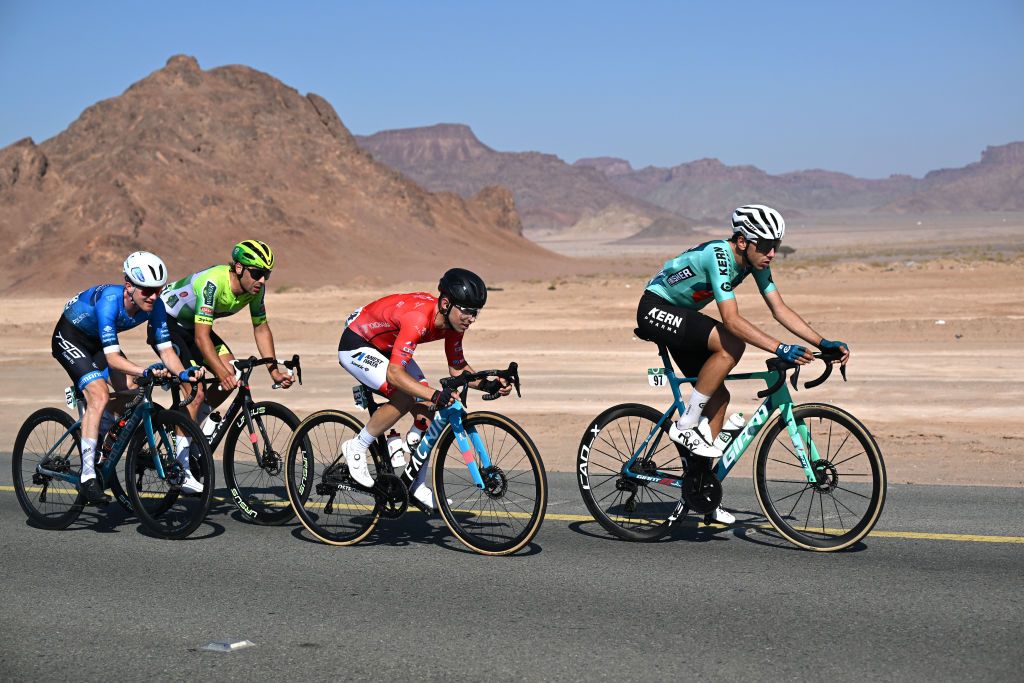 ALULA CAMEL CUP TRACK SAUDI ARABIA FEBRUARY 01 LR Ceriel Desal of Belgium and Team Wagner Bazin WB Mathias Bregnhoj of Denmark and Terengganu Cycling Team Diego Uriarte Belzunegi of Spain and Equipo Kern Pharma and Nicolo Garibbo of Italy and JCL Team Ukyo compete in the breakaway during the 5th AlUla Tour 2025 Stage 5 a 1696km stage from AlUla Camel Cup Track to AlUla Camel Cup Track on February 01 2025 in AlUla Saudi Arabia Photo by Szymon GruchalskiGetty Images