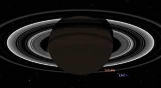 Simulated View of Saturn and Earth Seen by Cassini on July 19, 2013