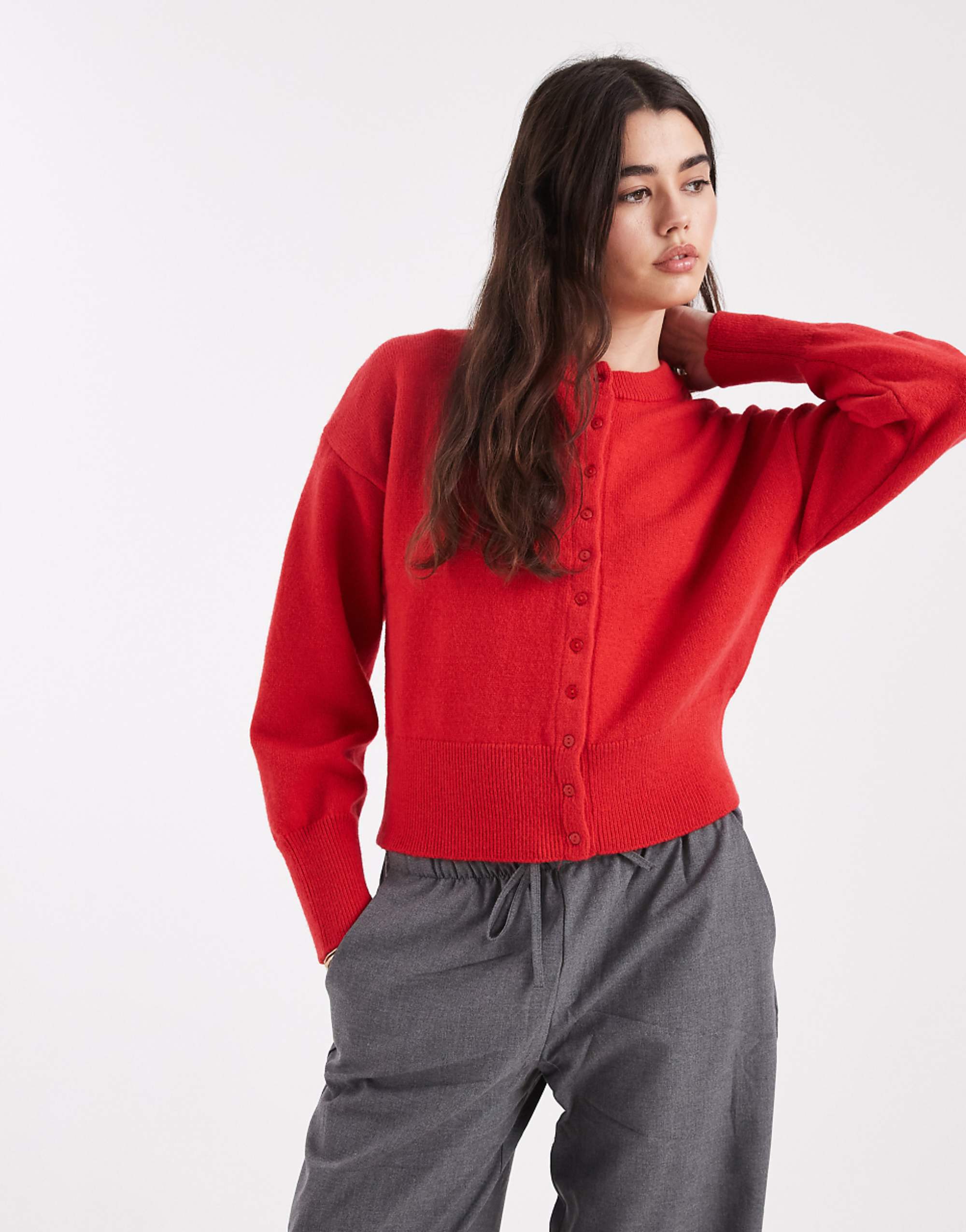 Daisy Street Fitted Waist Cardigan in Poppy Red