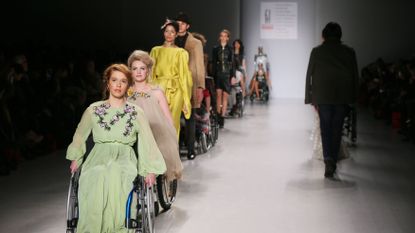 Product, Wheelchair, Fashion, Fashion design, Fashion show, Makeover, Medical equipment, Haute couture, Gown, Costume design, 