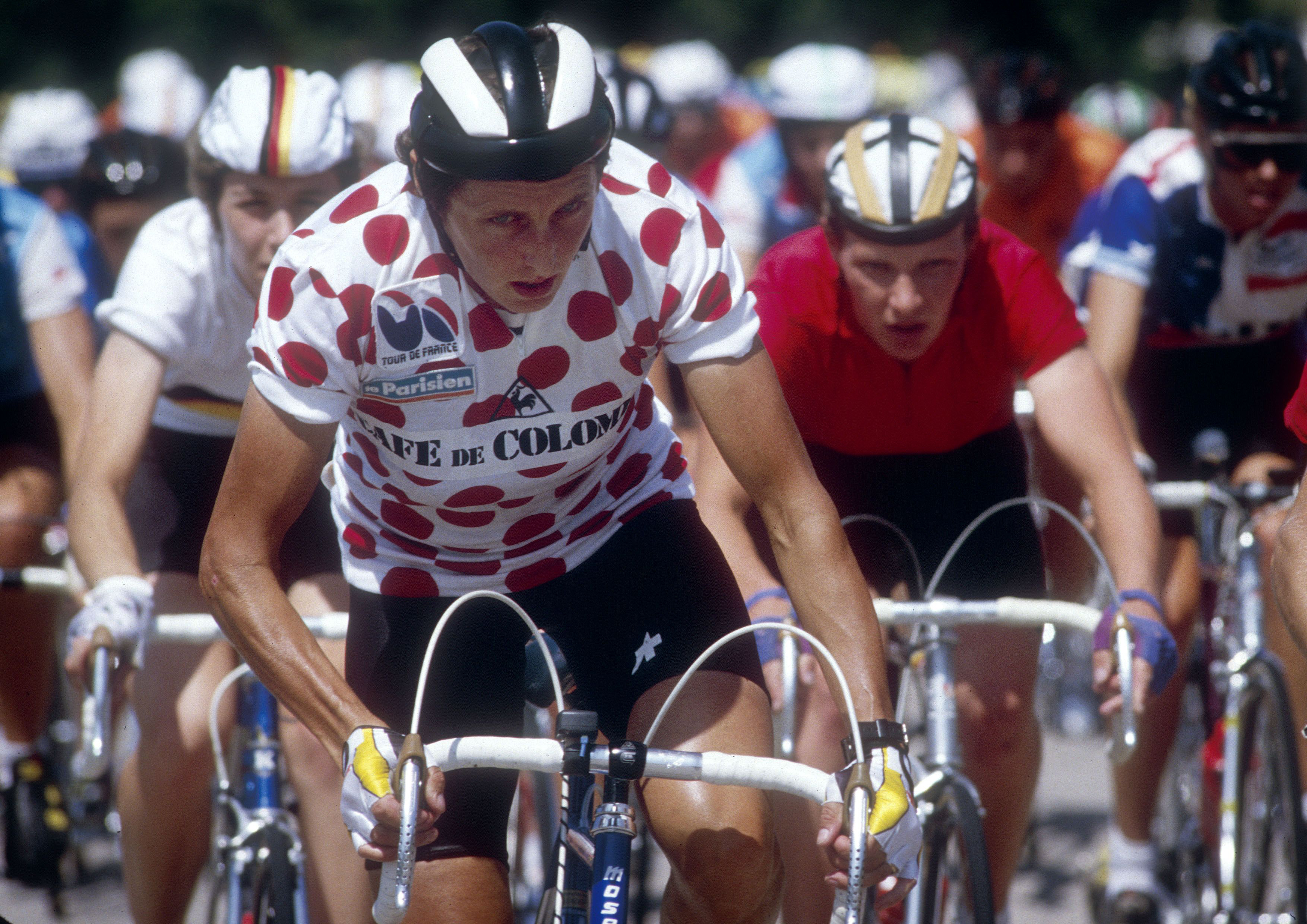 Italian Maria Canins wears the polka dot Queen of the Mountains jersey in the 1986 Tour de France