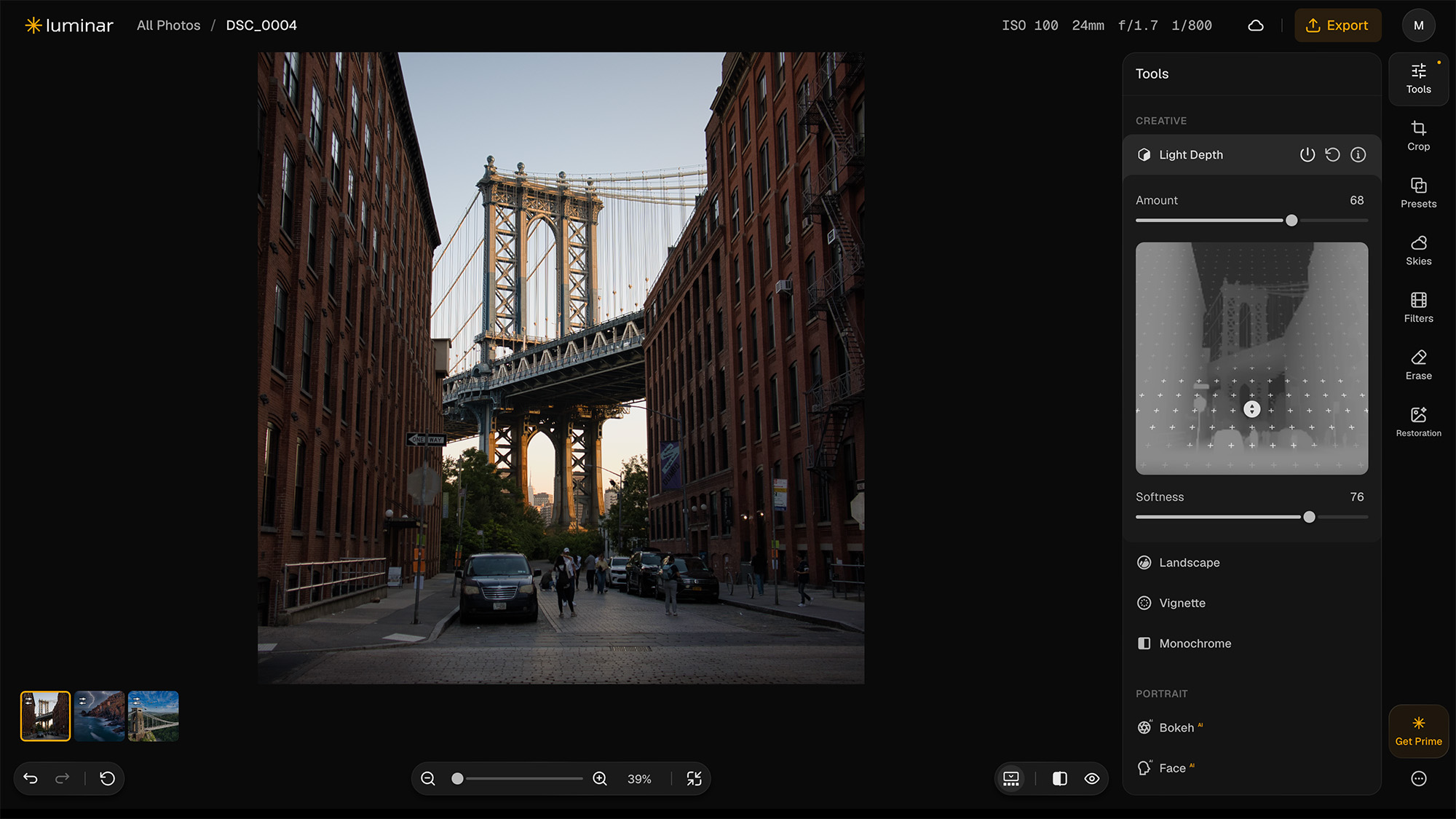 Screenshot from Luminar showing Light Depth tool on image of bridge