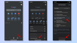 The first screenshot shows the Chrome app on iPhone, with a red arrow pointing at the three dots at the bottom right corner. The second screenshot shows the Chrome menu, with a red arrow pointing at Clear Browsing Data. The third screenshot shows two red arrows pointing at Cached Images and Files and Clear Browsing Data.
