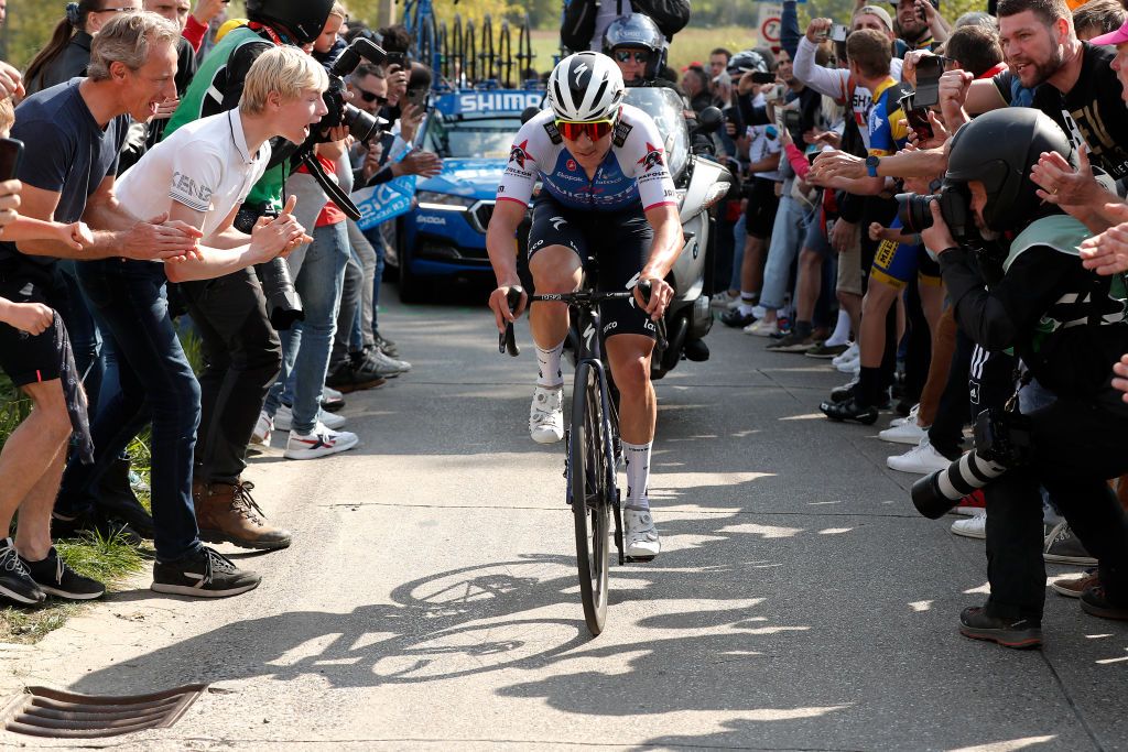 LIEGE BELGIUM APRIL 24 Remco Evenepoel of Belgium and Team QuickStep Alpha Vinyl attacks during the 108th Liege Bastogne Liege 2022 Mens Elite a 2572km one day race from Lige to Lige LBL WorldTour on April 24 2022 in Liege Belgium Photo by Bas CzerwinskiGetty Images